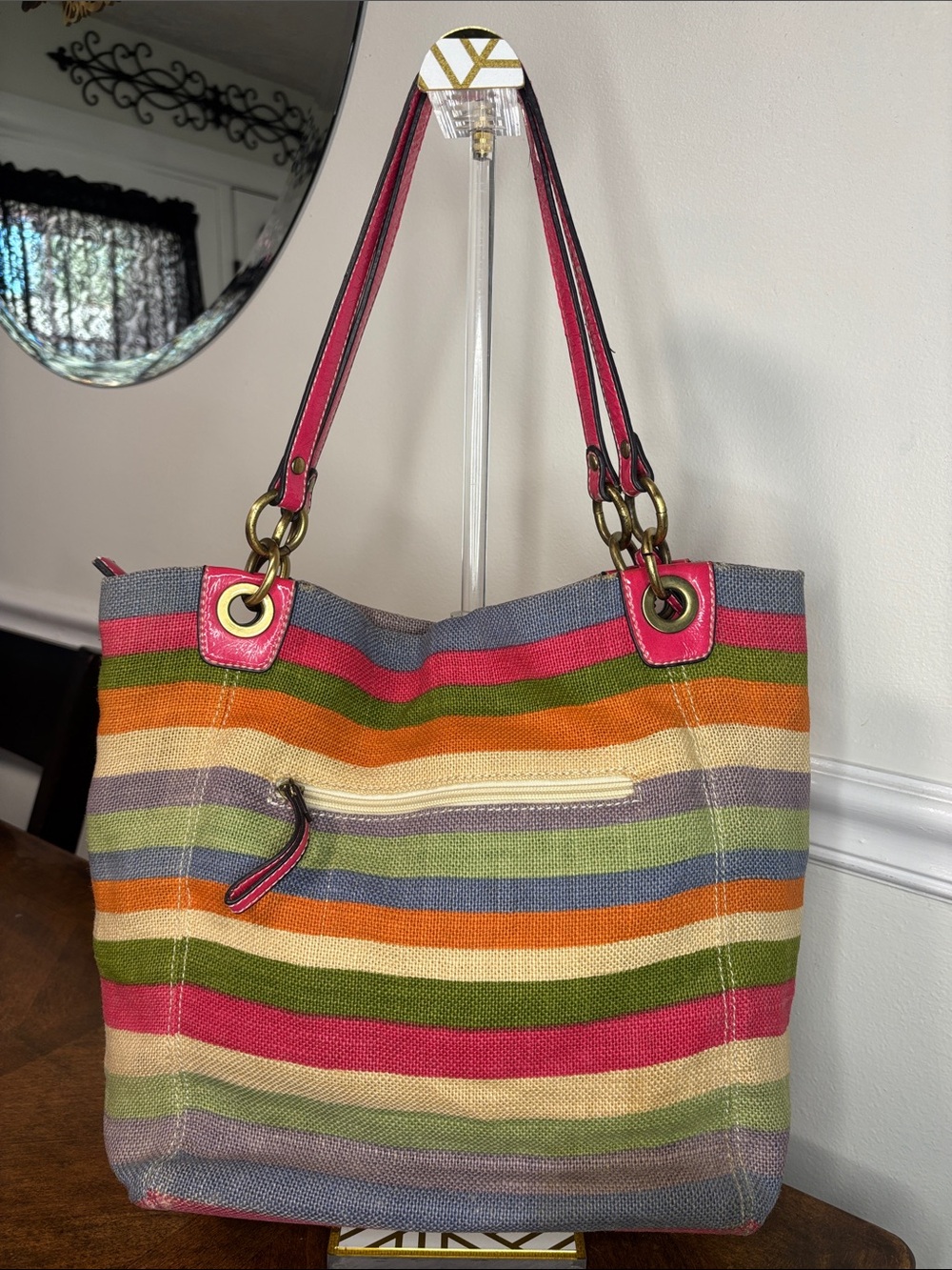 Coach HTF Legacy Striped Multicolor Woven Tote Bag with Pink Patent Leather Trim - Picture 6 of 16